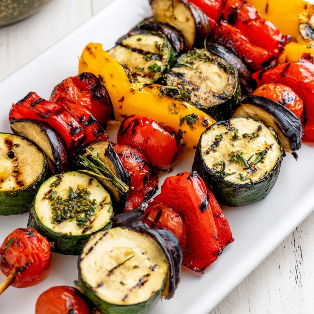 Sizzling BBQ grilled vegetables arranged on a platter, featuring tender eggplant, bell peppers, and zucchini