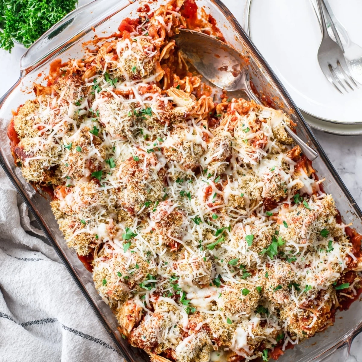 Golden brown Chicken Parmesan Casserole with bubbling mozzarella and crispy buttered breadcrumb topping