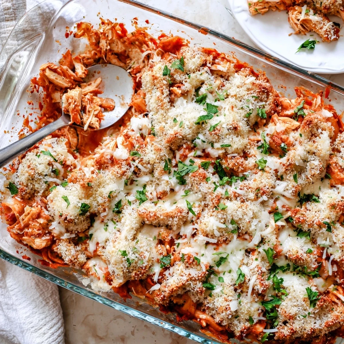 Baked Chicken Parmesan Casserole features tender shredded chicken layered under melted cheese and marinara