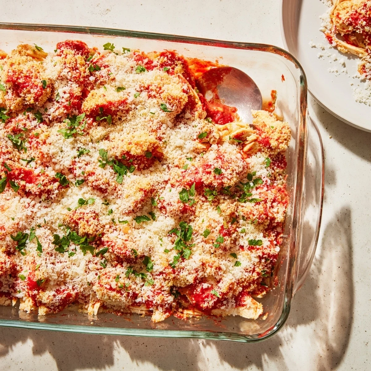 Family style Chicken Parmesan Casserole fresh from the oven with golden panko crust and parsley