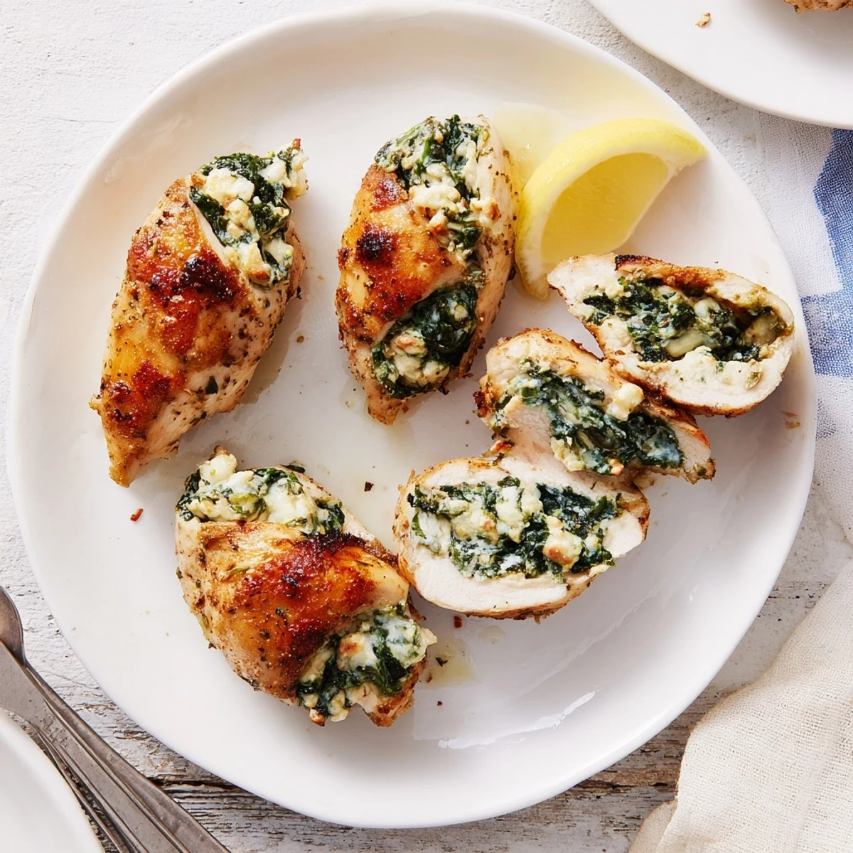 Mediterranean stuffed chicken breast featuring feta and spinach filling on a white plate