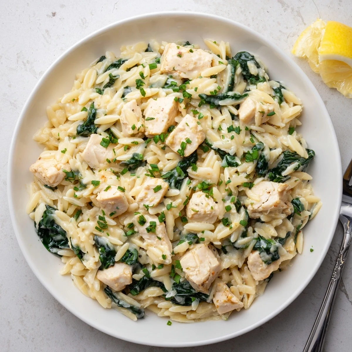 Golden chicken pieces nestled in creamy pepper jack orzo pasta with vibrant green spinach and parsley garnish