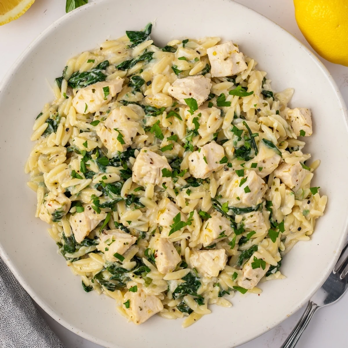 Creamy garlic butter pepper jack chicken orzo in a skillet topped with melted cheese and fresh wilted spinach