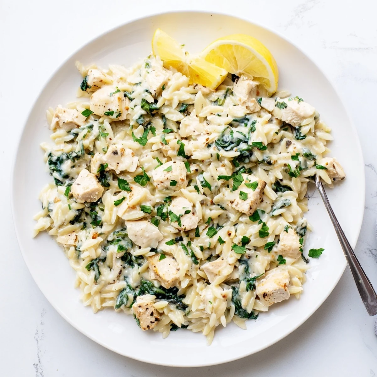 One-pan creamy garlic butter pepper jack chicken orzo featuring tender pasta, spicy cheese, and fresh herbs