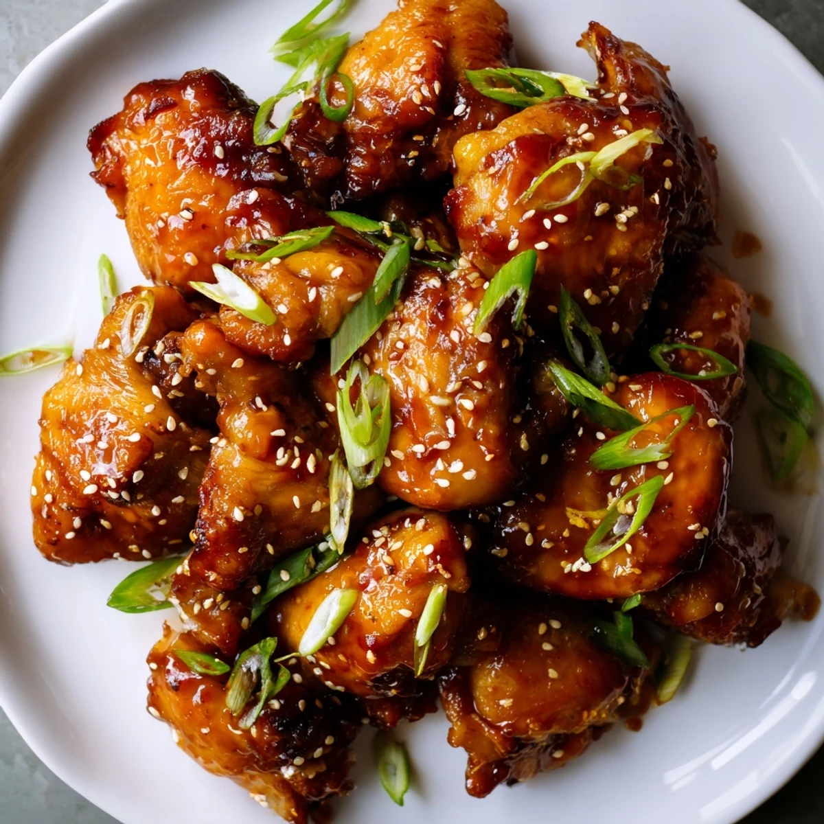Golden brown spicy honey sriracha chicken pieces glazed in sticky sweet and spicy sauce