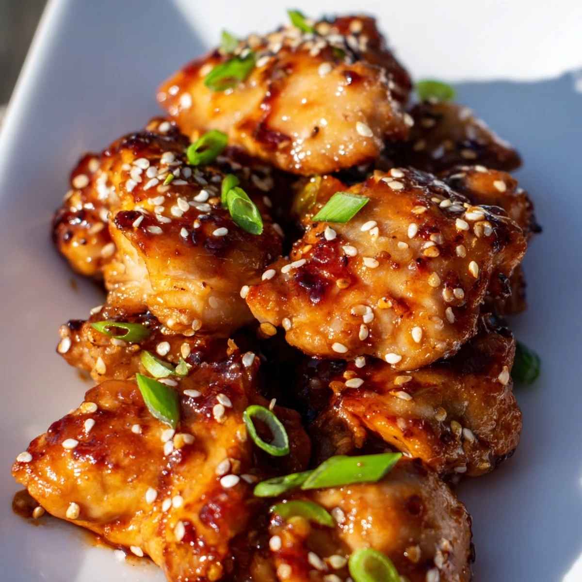 Juicy chicken thighs coated in glossy honey sriracha glaze garnished with sesame seeds and green onions