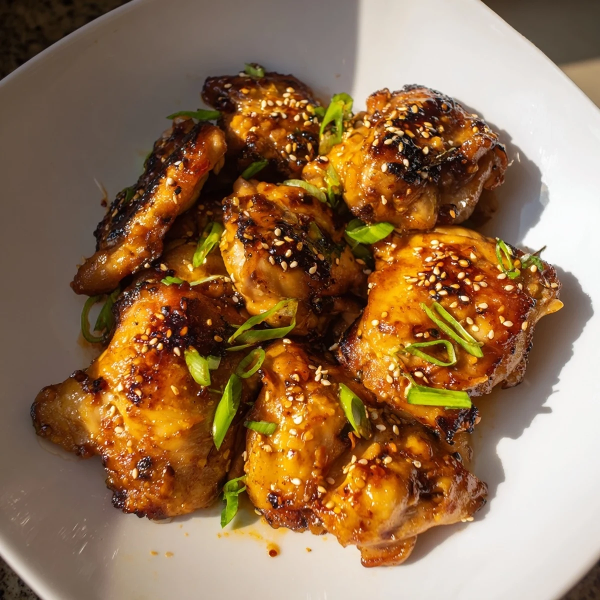 Sizzling spicy honey sriracha chicken served steaming hot with lime wedges and fresh toppings