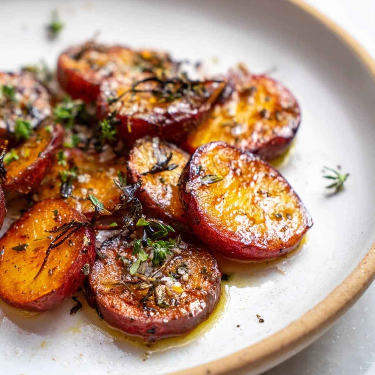 Golden brown savory garlic herb roasted radishes arranged on a white serving platter with fresh parsley garnish