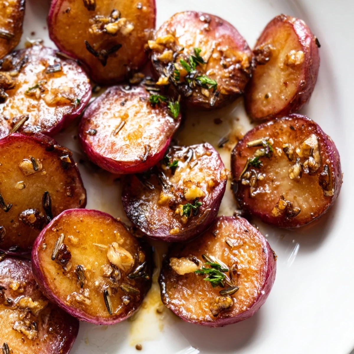 Tender low-carb roasted radishes tossed with garlic and dried herbs, served as a healthy potato alternative