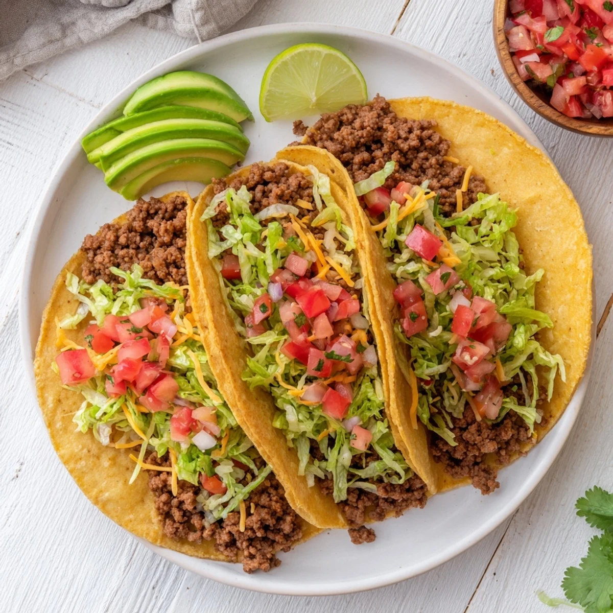 Golden ground beef tacos loaded with seasoned meat and fresh pico de gallo topping