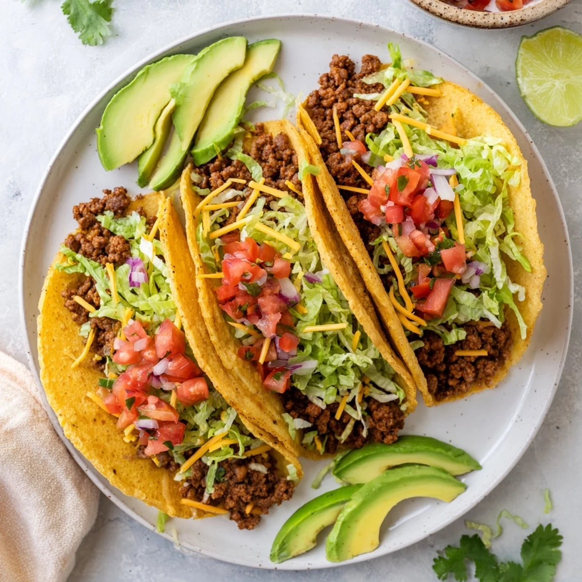 Flavorful ground beef tacos topped with vibrant pico de gallo and creamy avocado slices