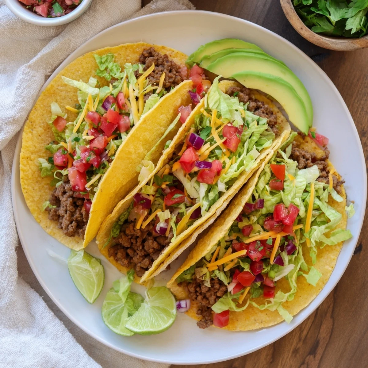 Juicy homemade ground beef tacos served in warm tortillas with colorful pico de gallo