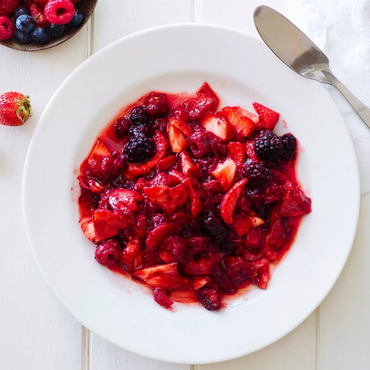 Glossy jar of strawberry rhubarb raspberry jam with mixed berries swirled into vibrant red preserves.