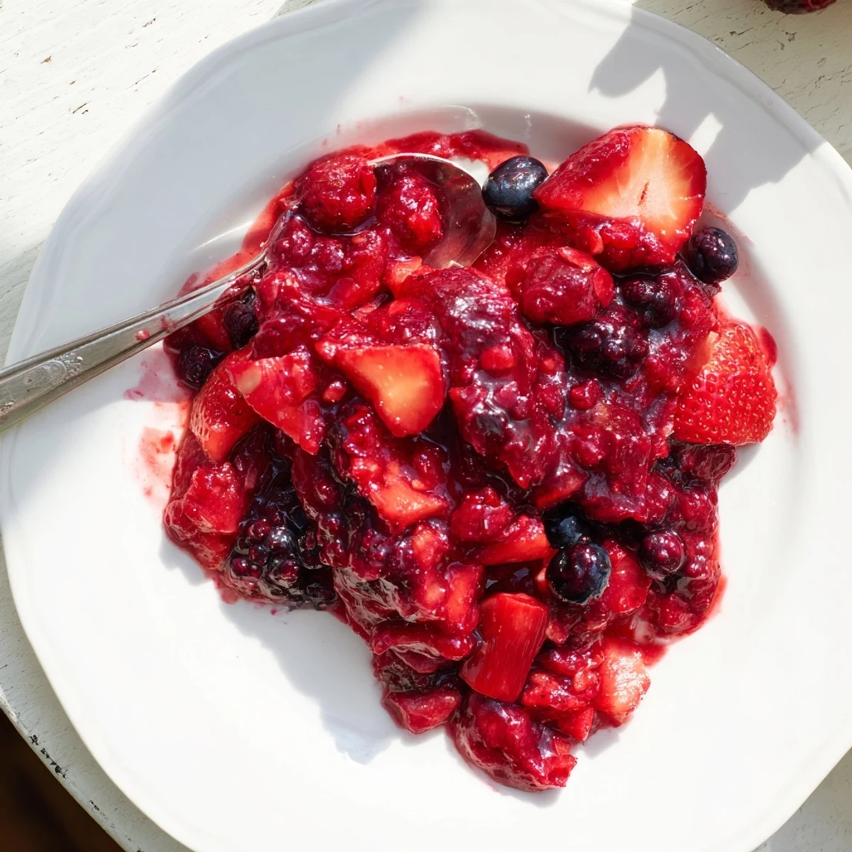 Rich crimson strawberry rhubarb raspberry jam glistening in glass jars with whole berries suspended throughout.