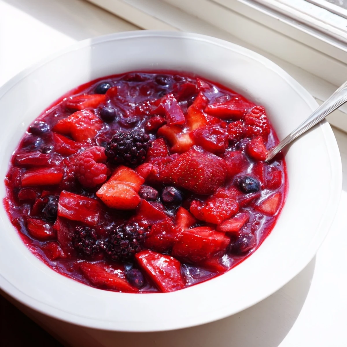 Homemade strawberry rhubarb raspberry jam spooned generously onto golden toast with fresh berries scattered nearby.