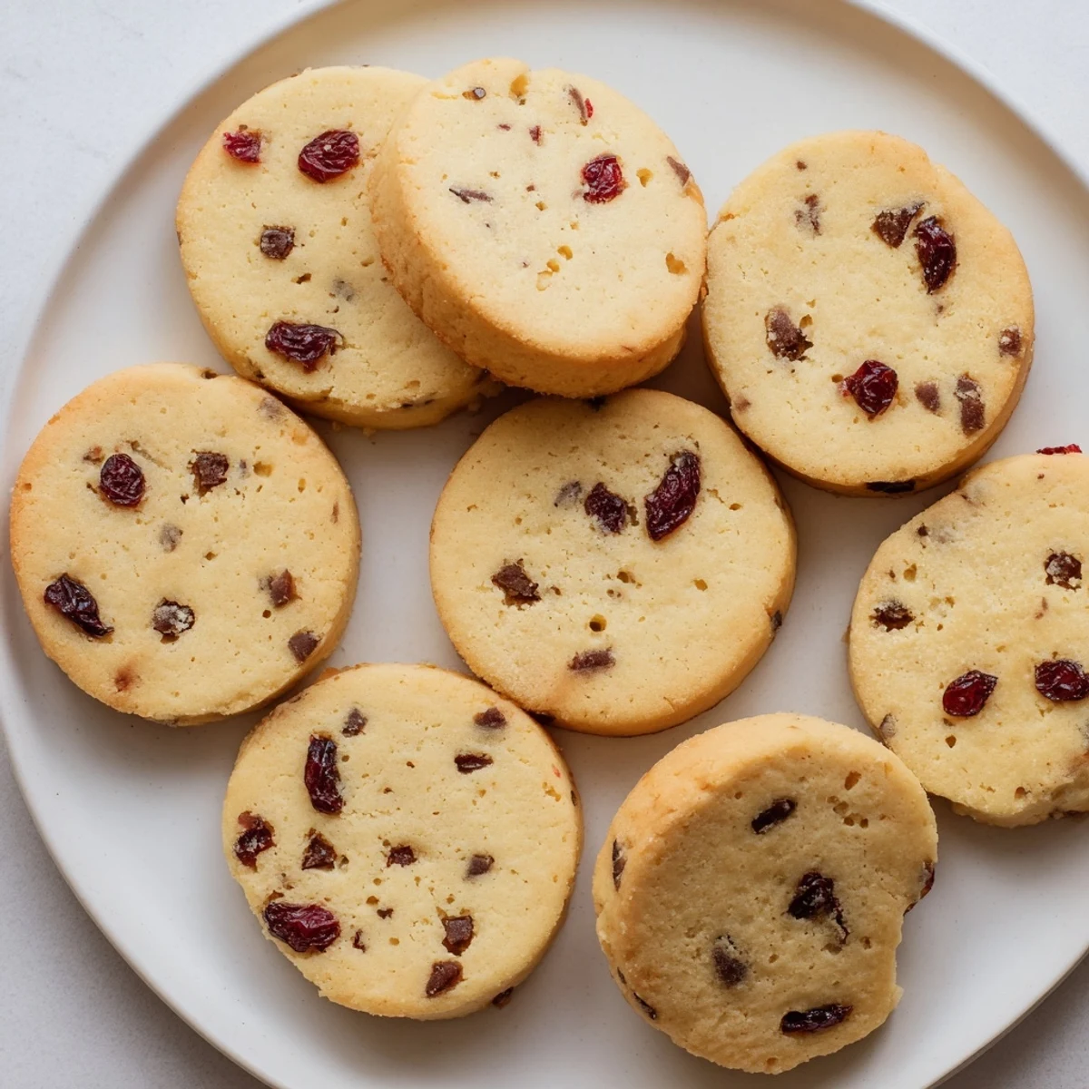 Golden Christmas maraschino cherry shortbread cookies dotted with bright red cherries on a white platter