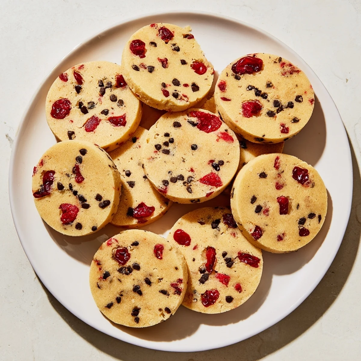 Buttery festive shortbread squares studded with sweet maraschino cherries and dusted with powdered sugar