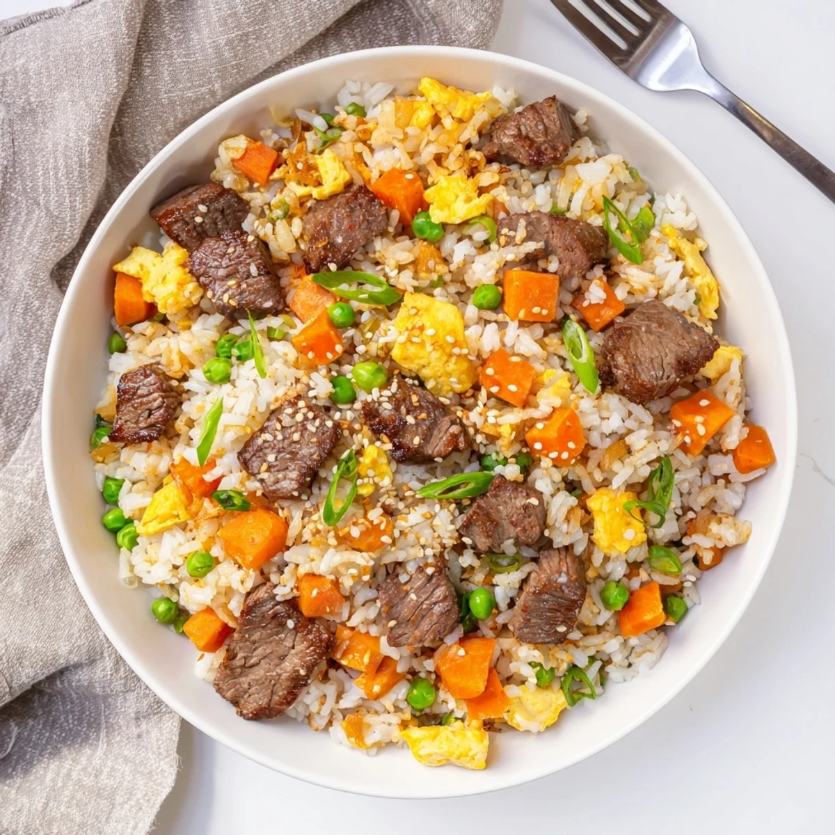 Japanese-style fried rice with juicy seared steak, scrambled eggs, and crisp peas and carrots topped with sesame seeds