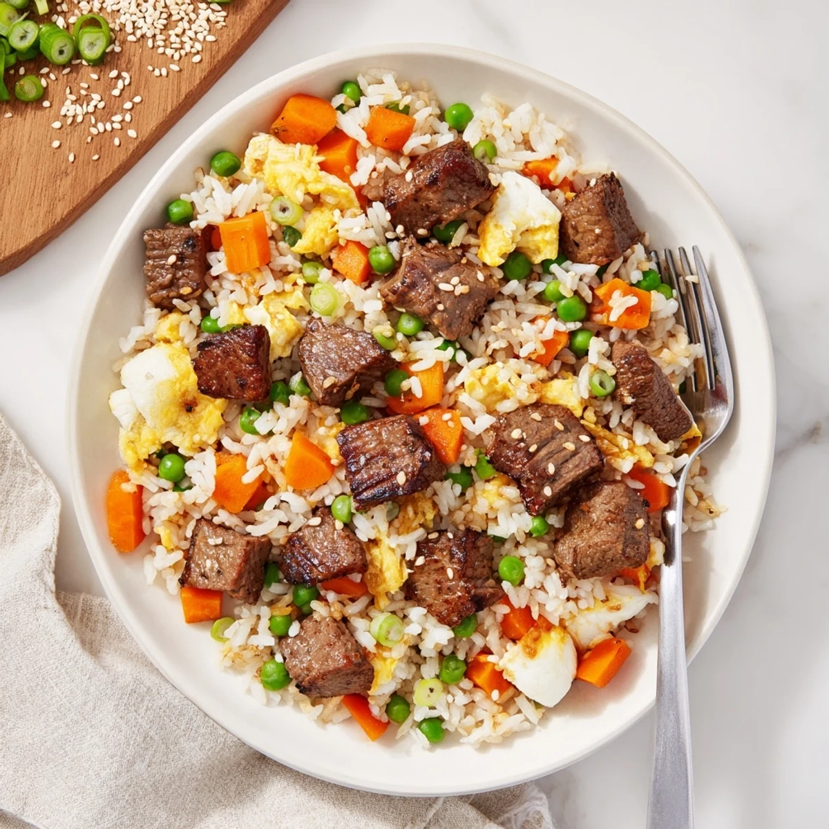 Steaming plate of hibachi steak fried rice featuring succulent meat, fluffy grains, and vibrant veggies on a griddle