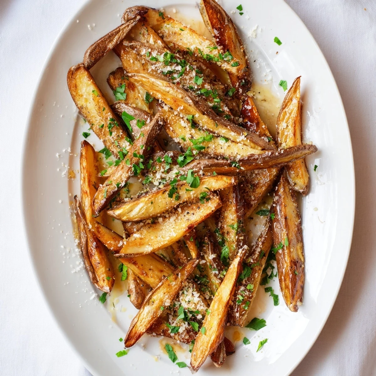 Golden homemade truffle fries topped with freshly grated Parmesan and chopped parsley