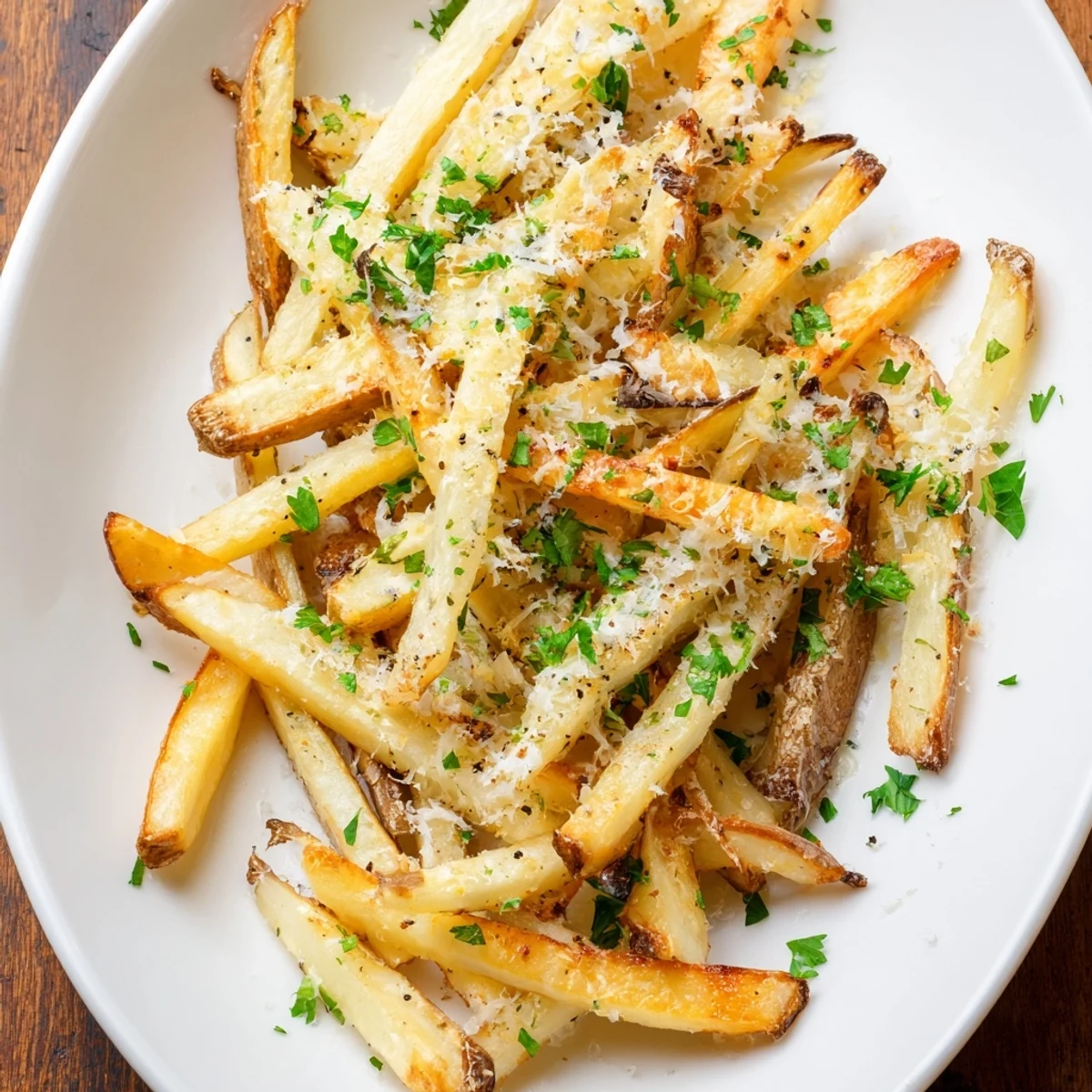Crispy oven baked truffle fries drizzled with aromatic oil and savory Parmesan cheese