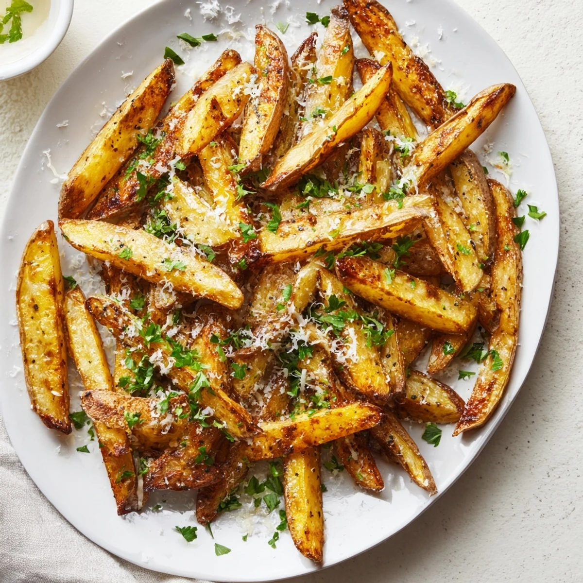 Mountain of golden fries tossed in truffle oil and sprinkled with Parmesan flakes