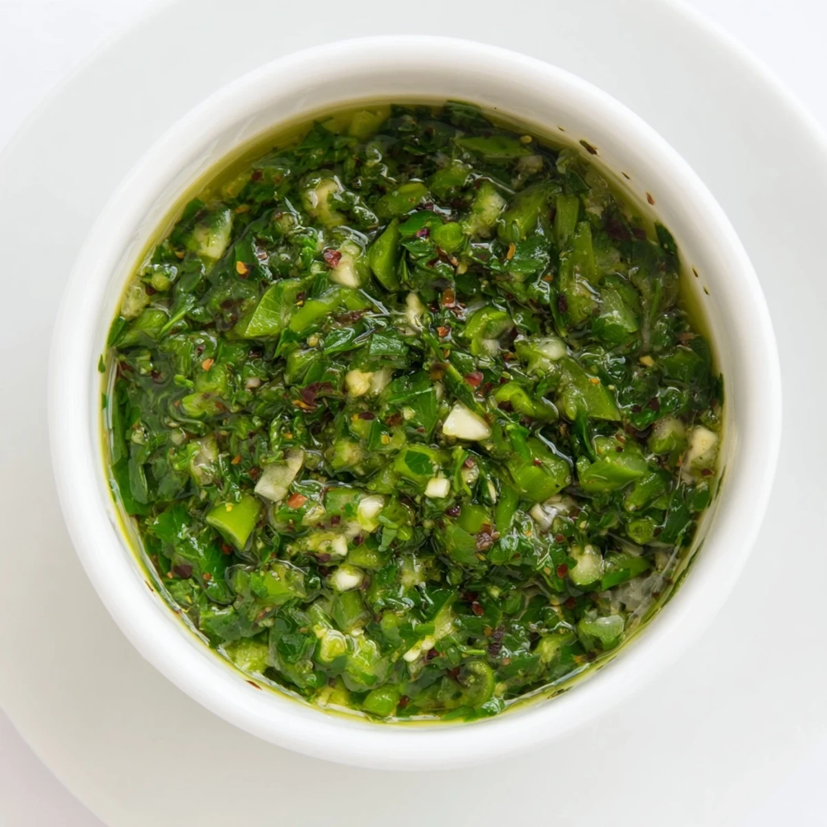 Vibrant green garlic scape chimichurri sauce drizzled over sizzling grilled steak with fresh herbs