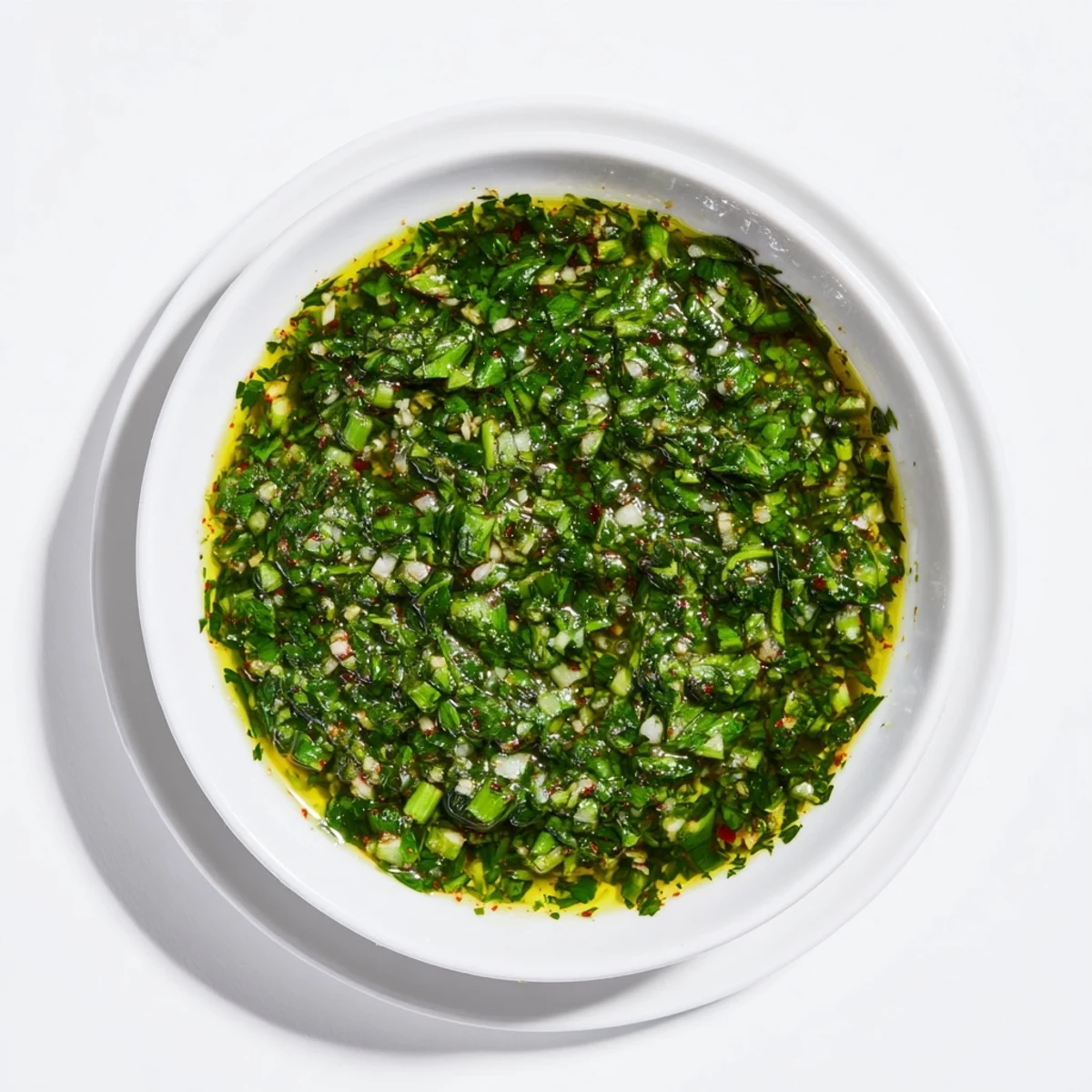 Homemade garlic scape chimichurri sauce in a rustic bowl beside grilled vegetables and crusty bread