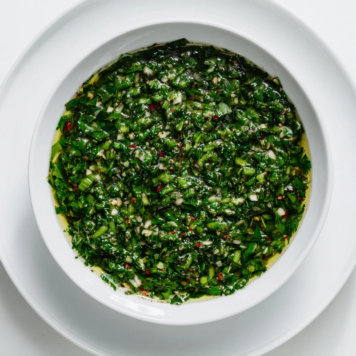 Thick, textured garlic scape chimichurri sauce topped generously over juicy grilled chicken and roasted potatoes