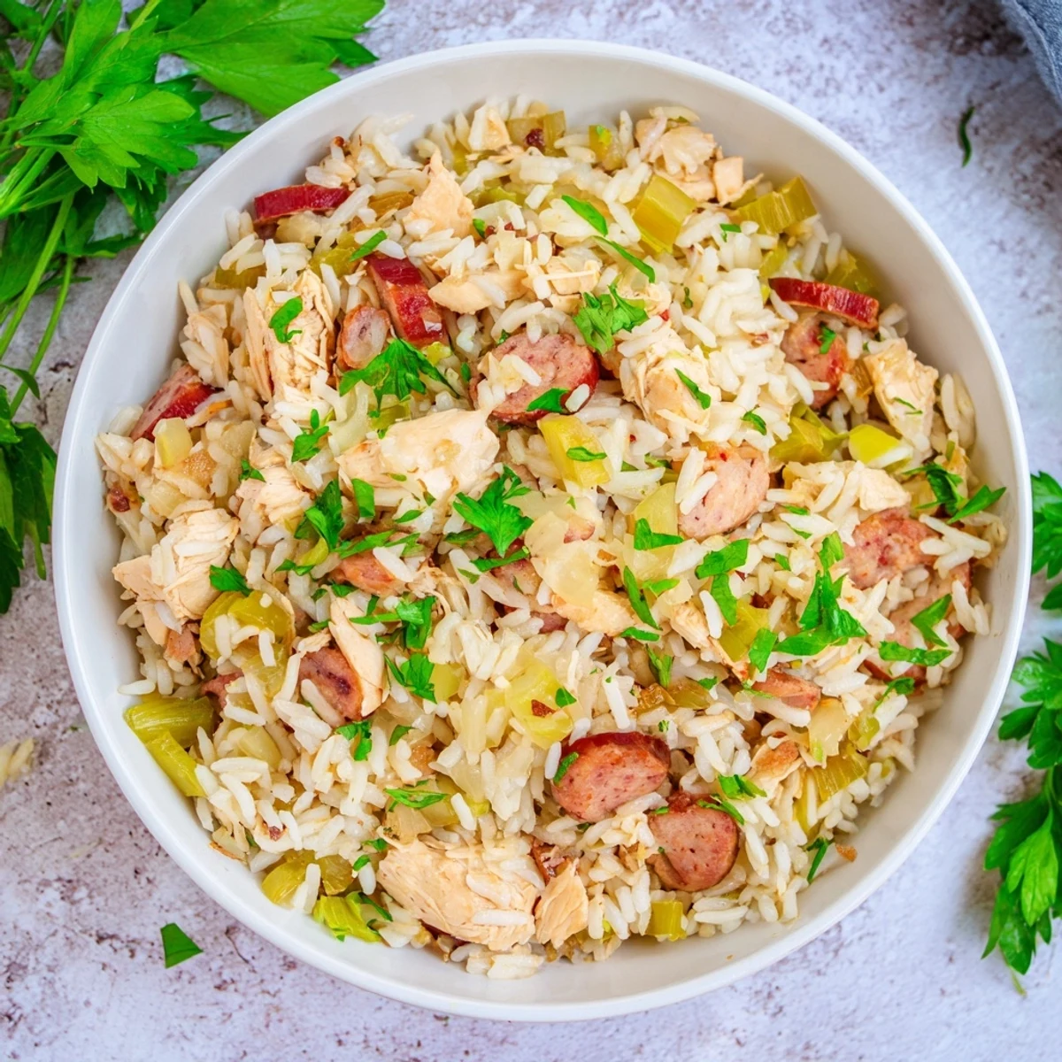 Hearty Southern Chicken Bog featuring tender shredded chicken, smoked sausage, and fluffy rice in a rustic bowl
