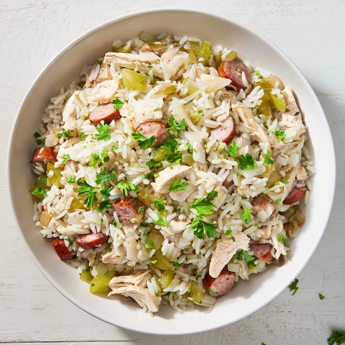Steaming pot of Southern Chicken Bog with golden chicken pieces, sliced sausage, and white rice cooked to perfection