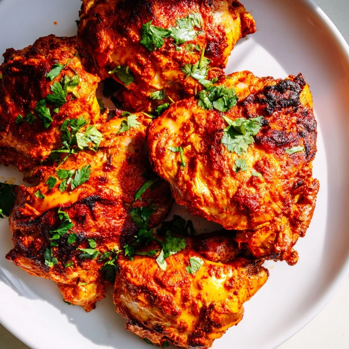 Savory Moroccan spiced chicken thighs plated with fresh cilantro garnish and lemon wedges