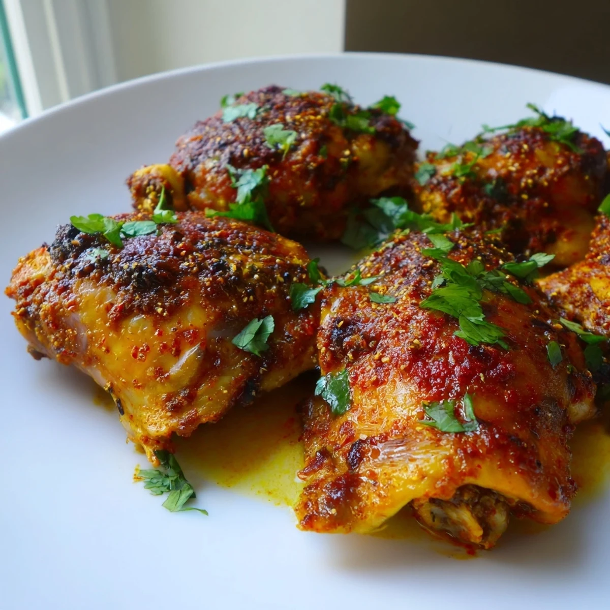 Golden roasted Moroccan spiced chicken thighs with crispy skin and aromatic spice blend