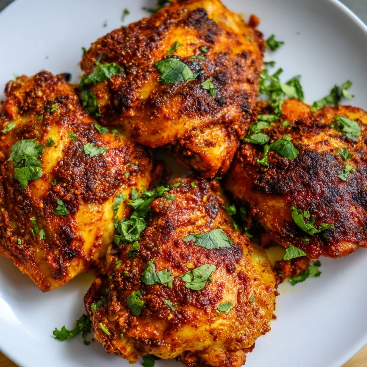 Juicy oven-roasted Moroccan spiced chicken thighs with golden crispy skin and caramelized edges