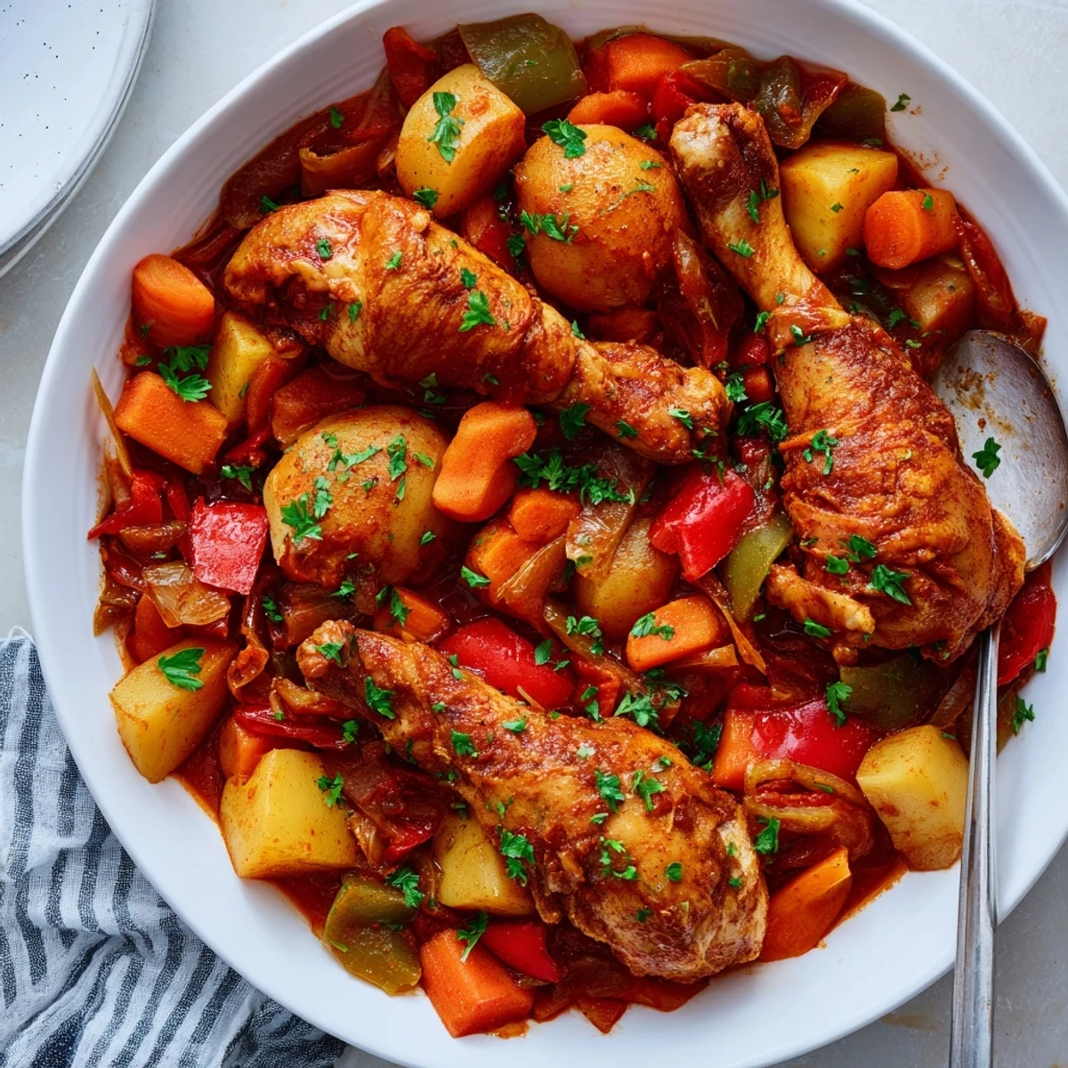 Golden Spanish chicken drumsticks stew with tender meat, colorful vegetables, and rich tomato paprika sauce in a rustic serving bowl
