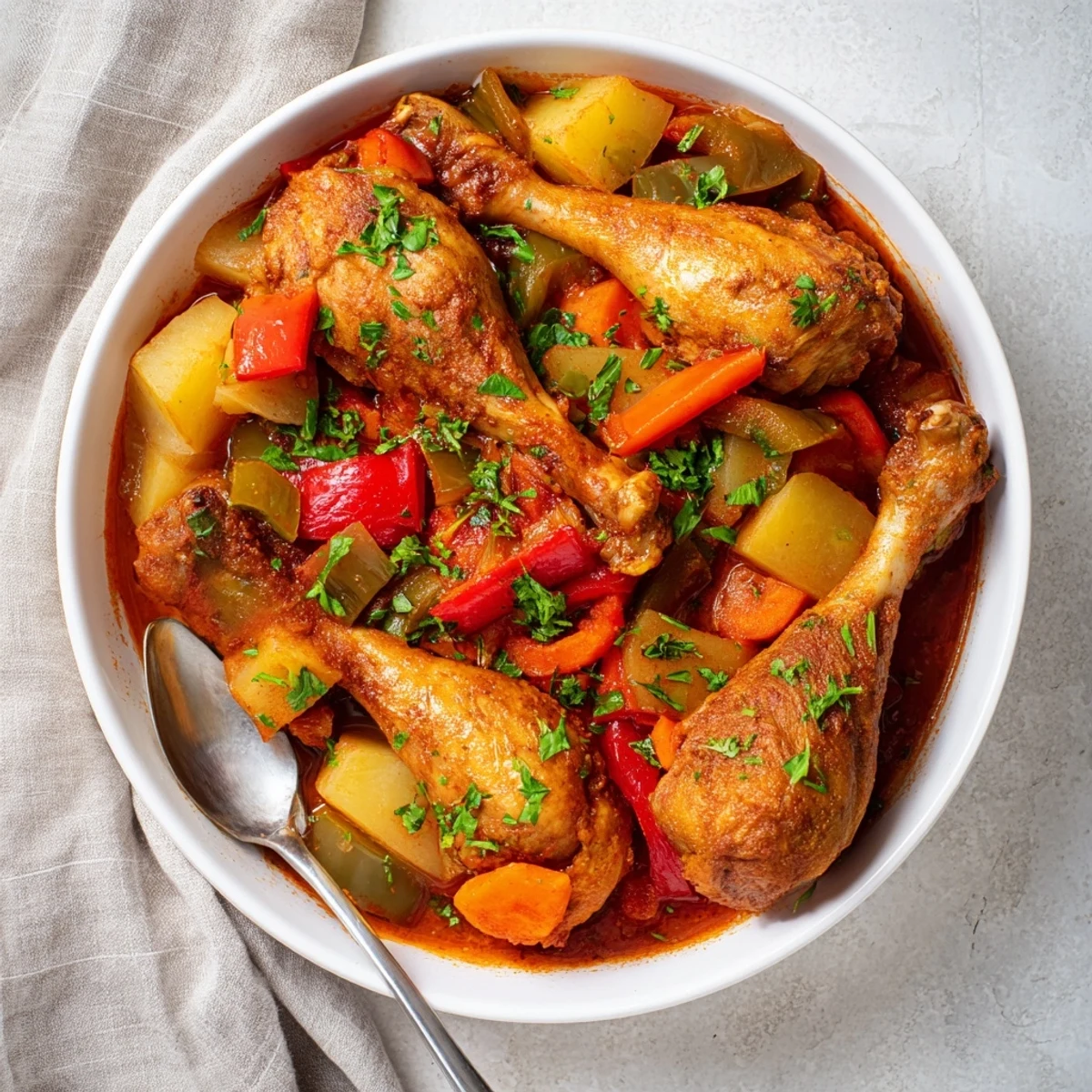 Hearty chicken drumsticks simmered in a vibrant Spanish stew featuring carrots, peppers, potatoes, and aromatic smoked paprika broth
