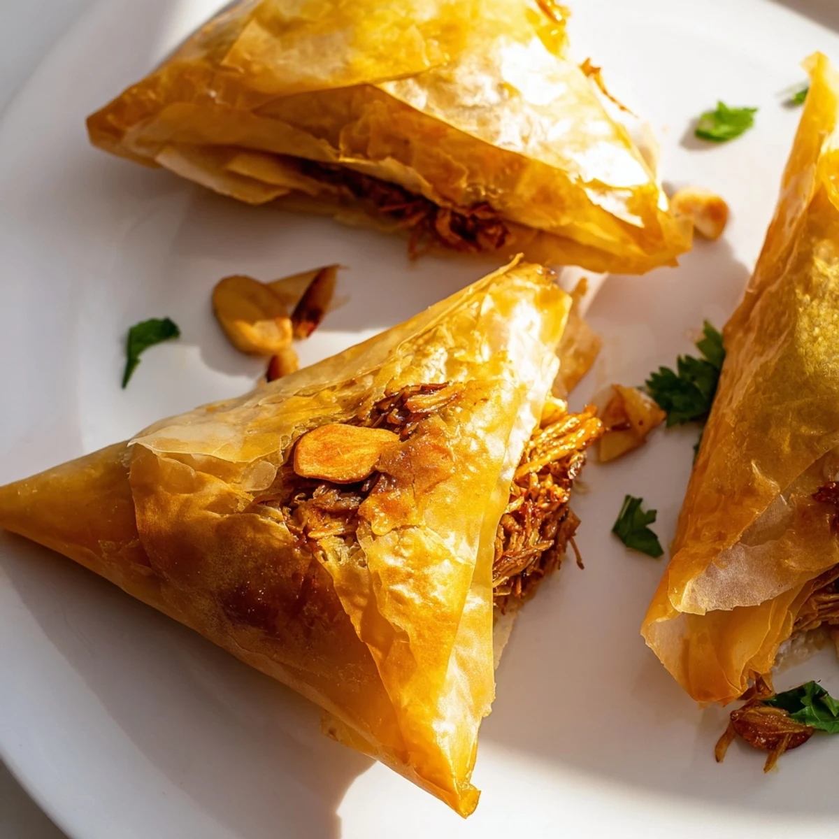 Golden crispy Moroccan chicken briouats arranged on a serving platter with fresh herbs