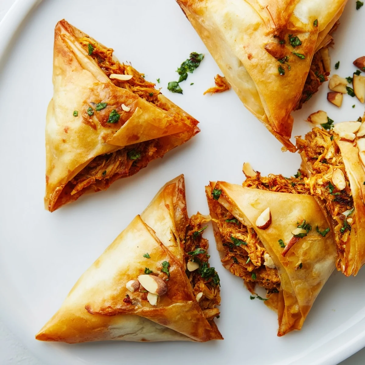 Close-up of Moroccan chicken briouats showing flaky layers and golden brown texture