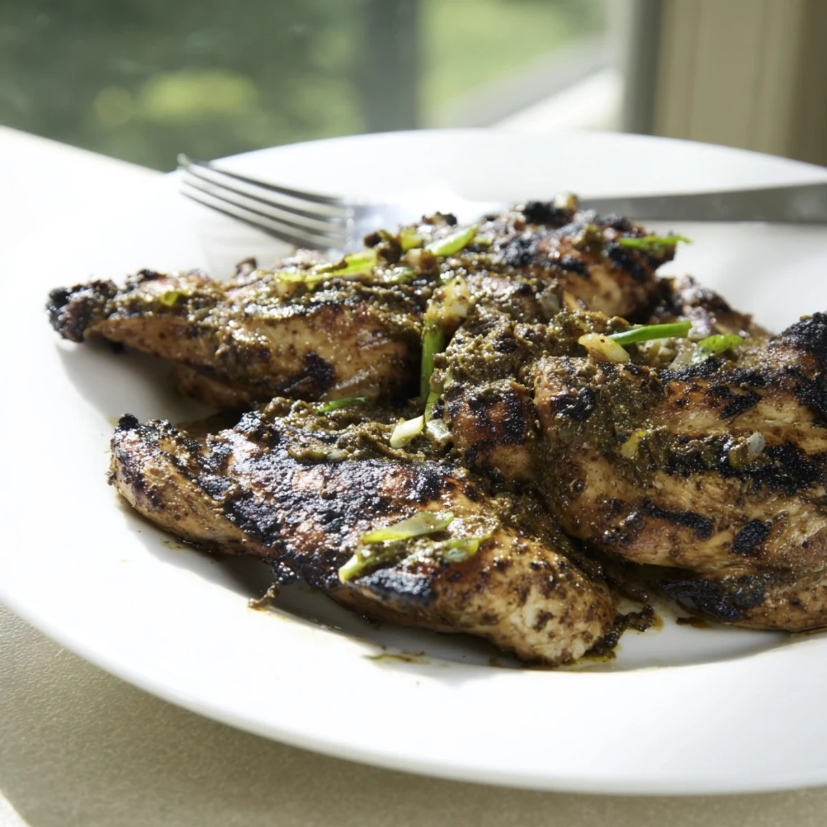 Golden charred Jamaican Jerk Chicken pieces grilled to perfection with smoky spice-marinated skin
