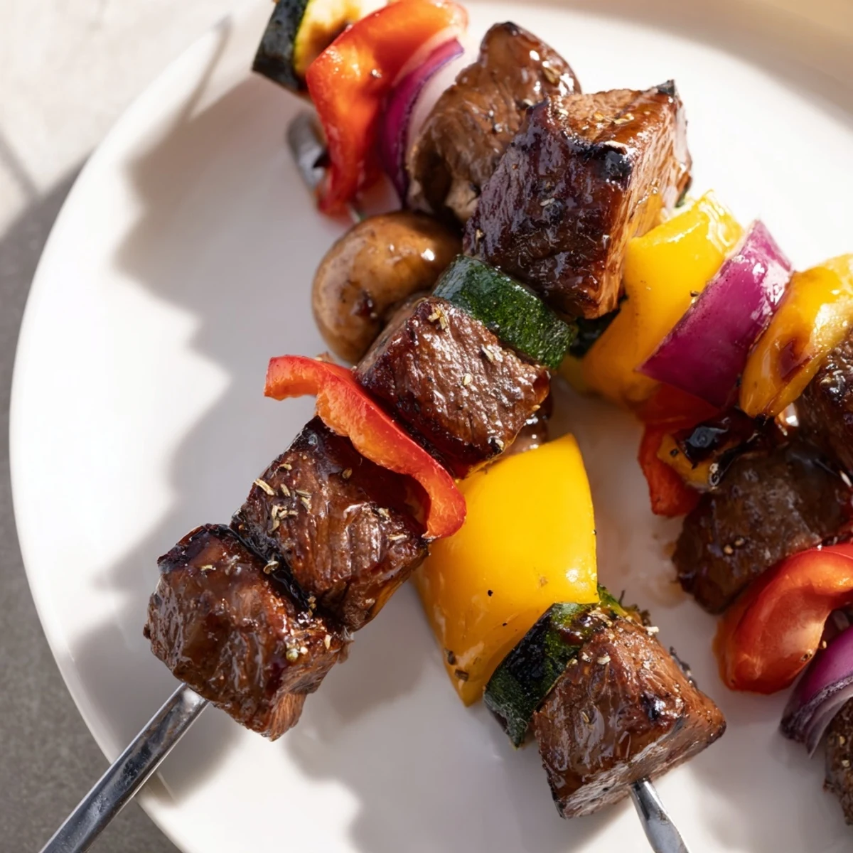 Steak Kabobs sizzling on grill with charred edges and vibrant peppers