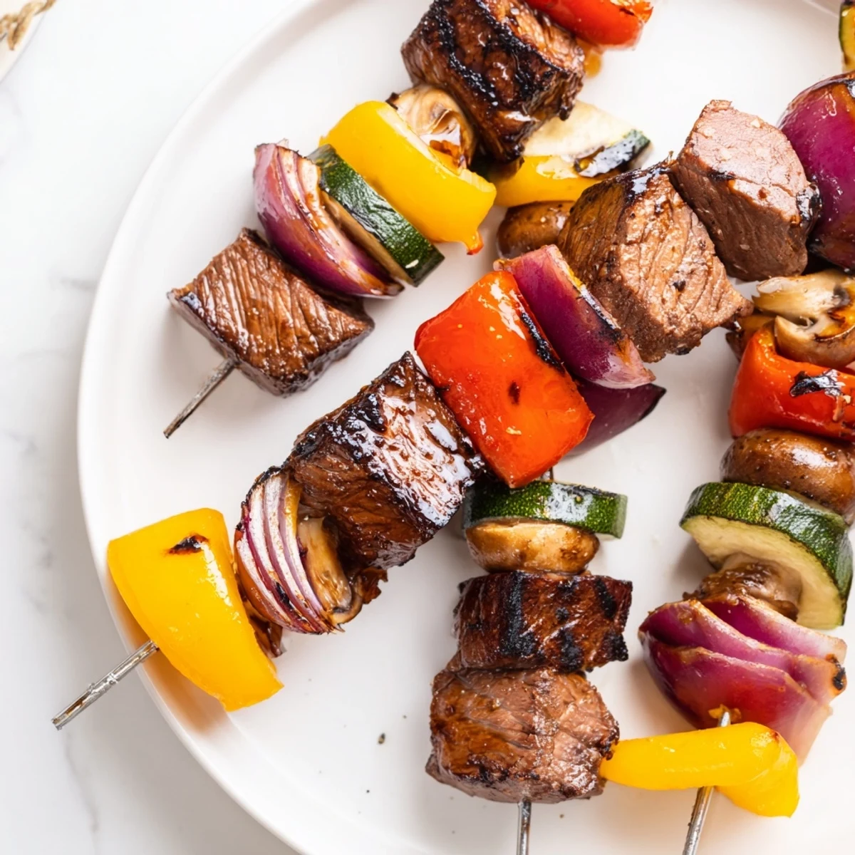 Family-style Steak Kabobs plated over rice, juicy beef and colorful veggies