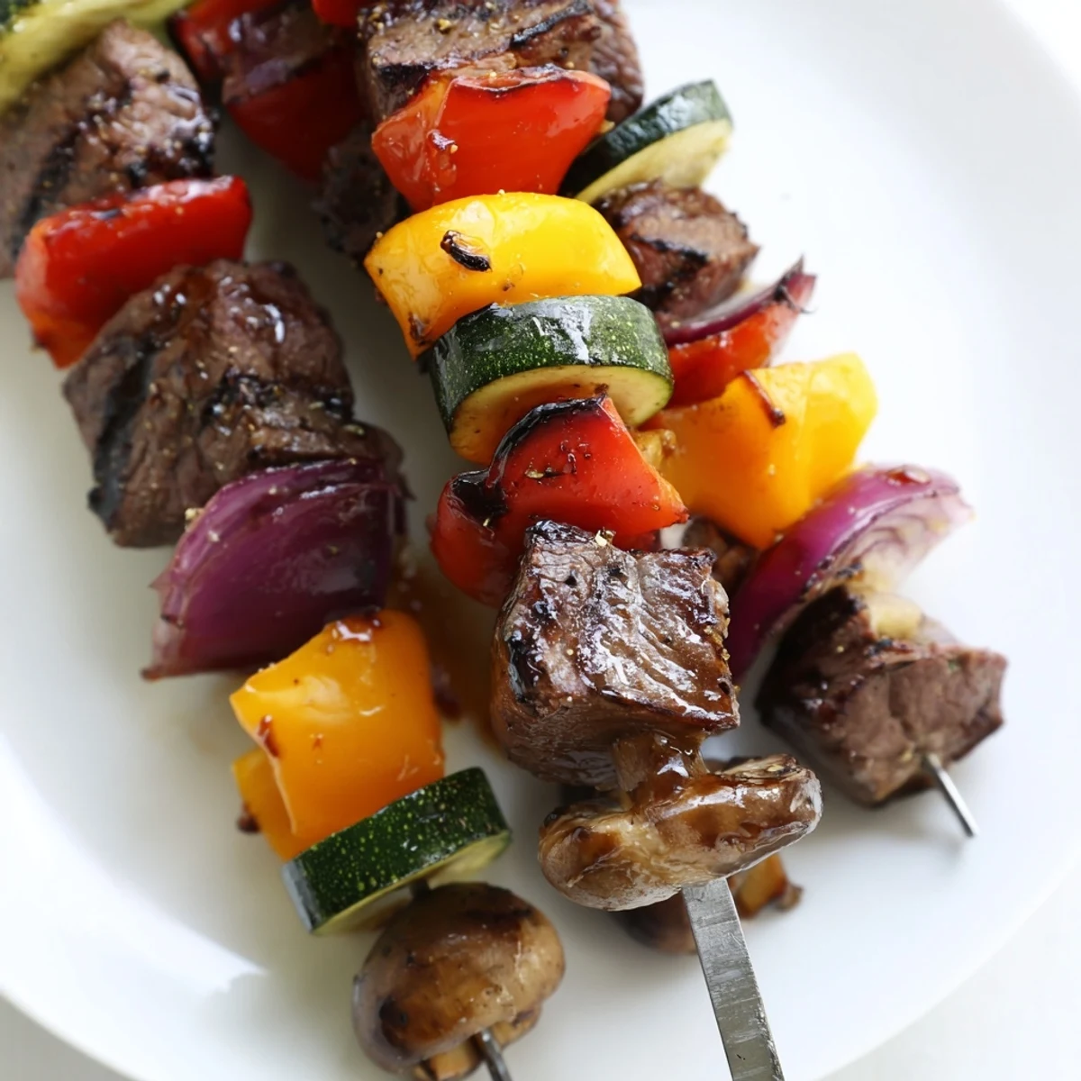 Marinated Steak Kabobs threaded with mushrooms, zucchini, and onions ready to serve