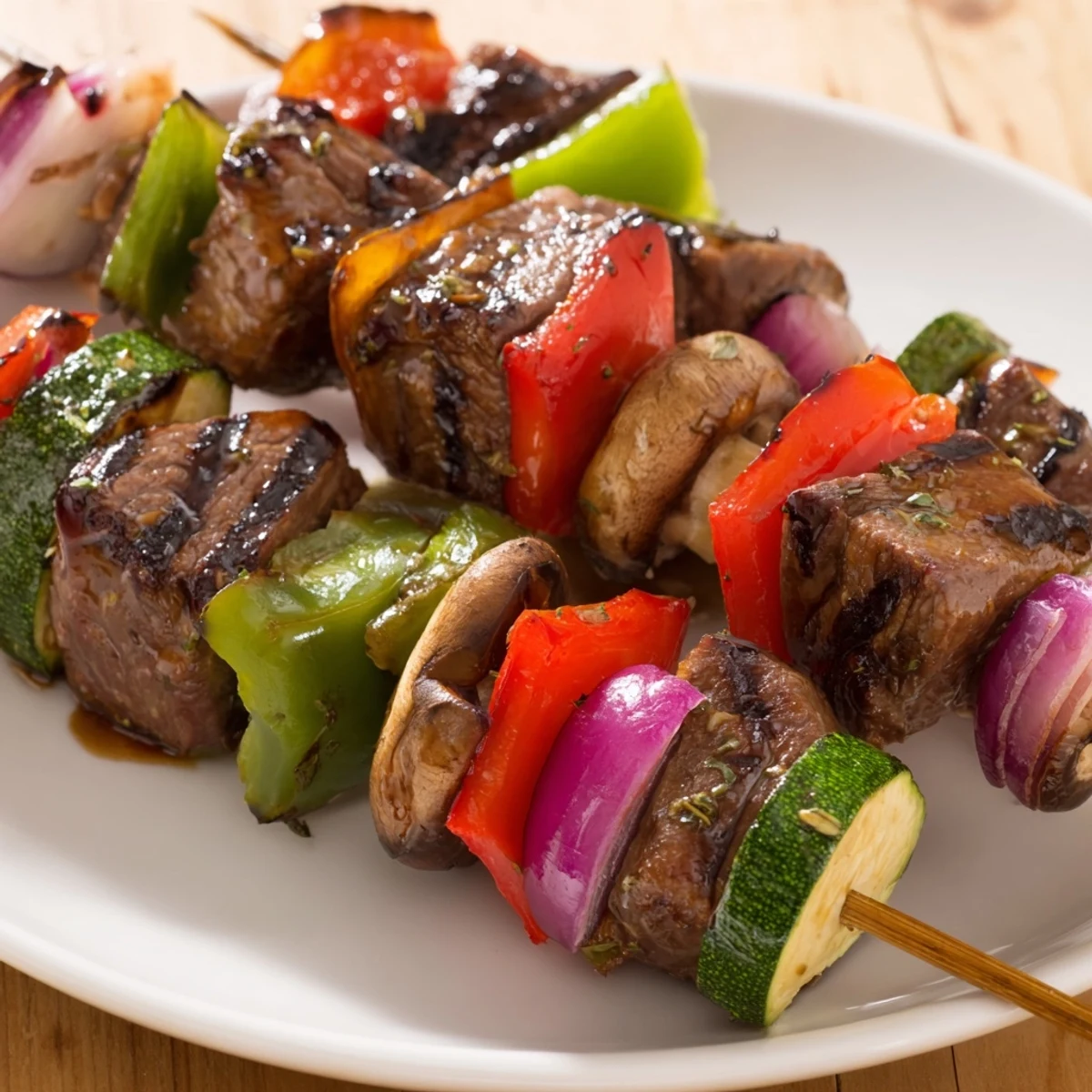 Juicy Grilled Steak Kabobs resting on skewers, charred vegetables with lemon