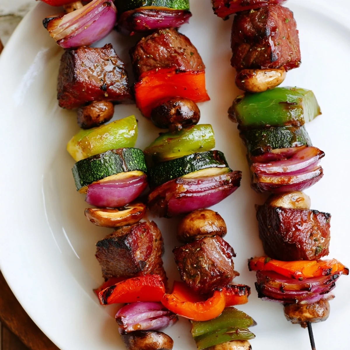 Family-style Grilled Steak Kabobs served over rice, honey-garlic glaze glistening