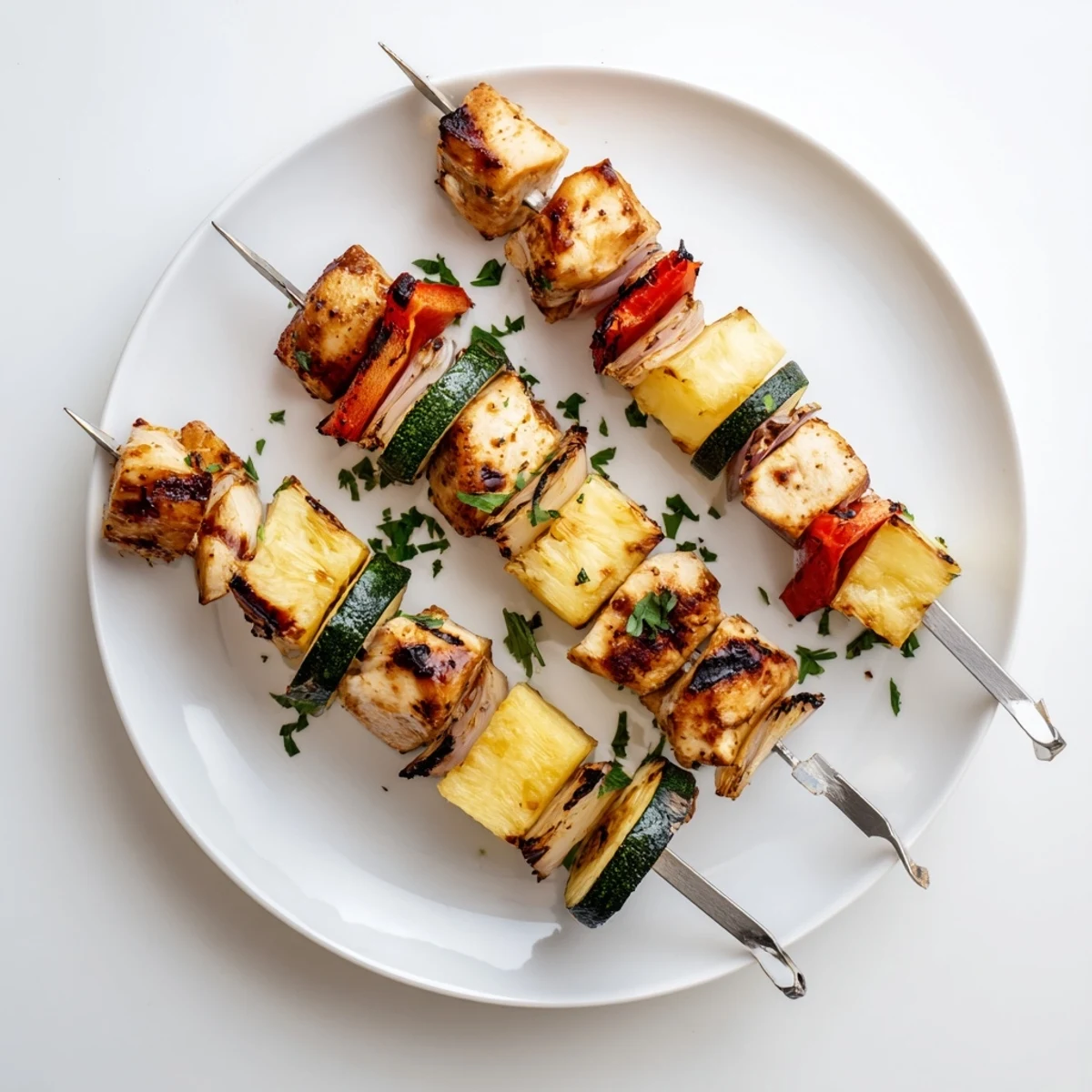 Golden grilled chicken kabobs with pineapple and zucchini on metal skewers
