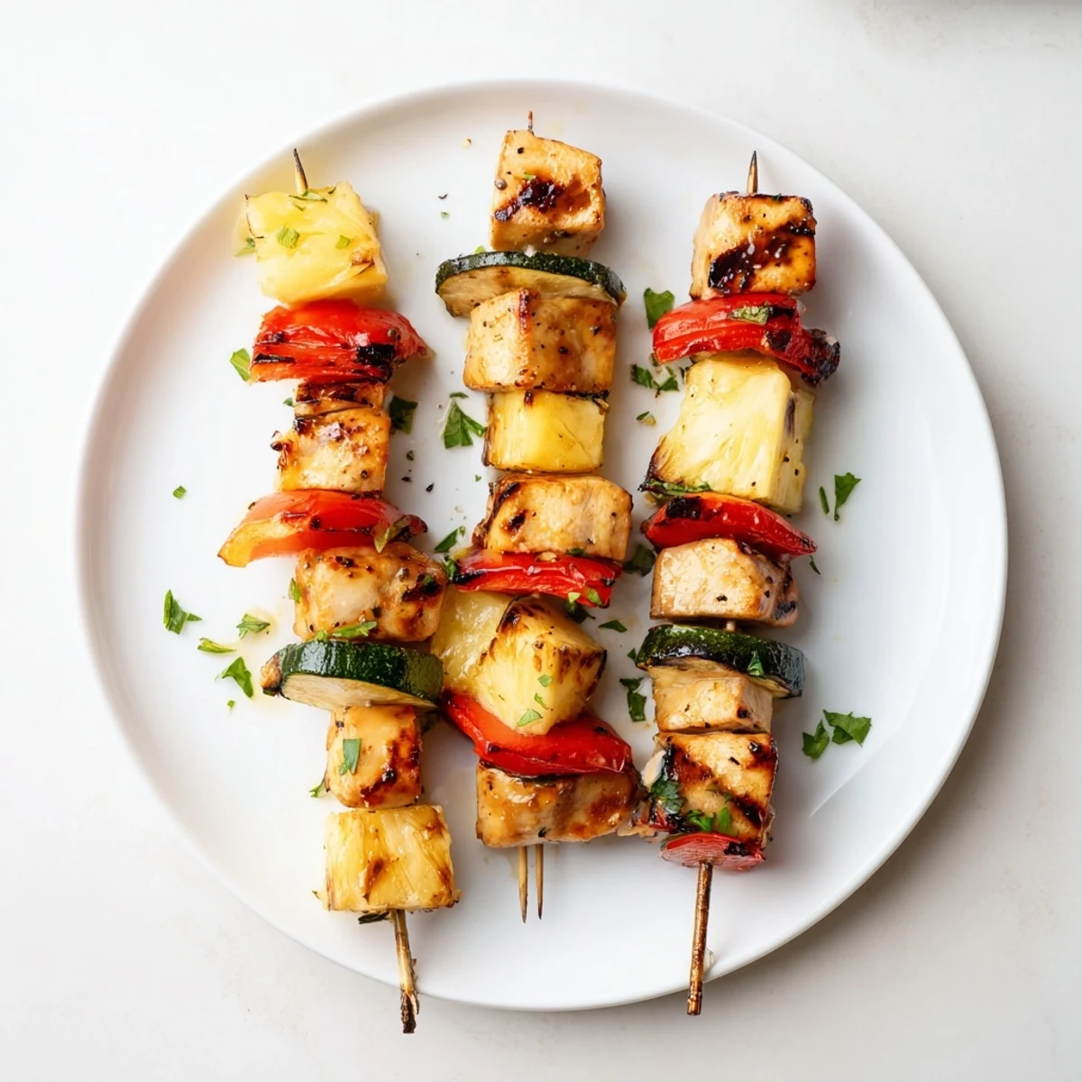 Colorful skewers feature marinated chicken, sweet pineapple chunks, and fresh zucchini rounds