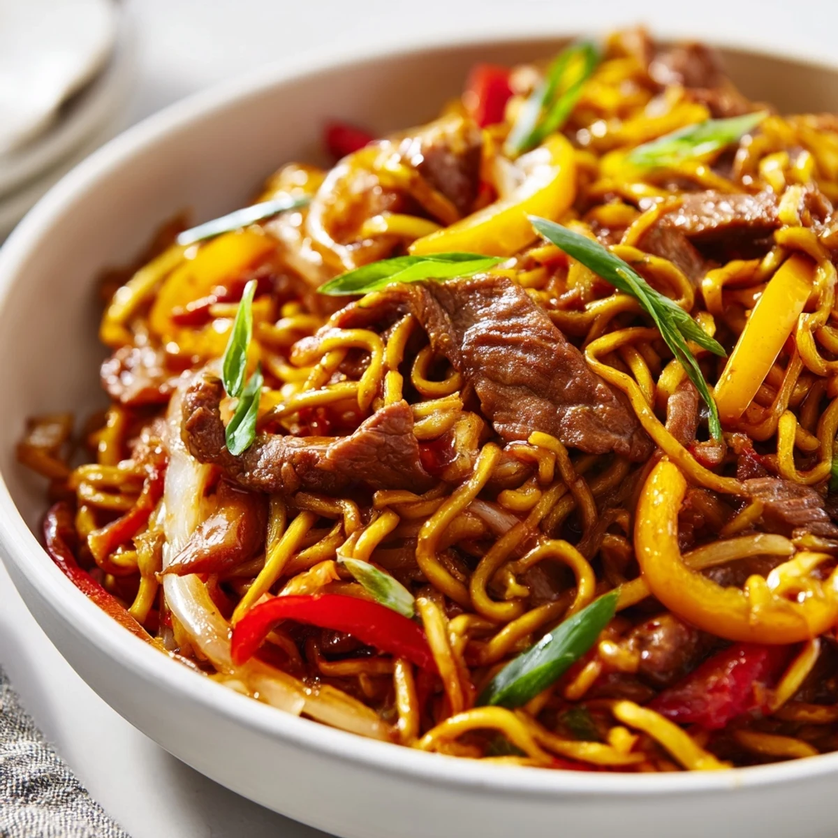 Sizzling wok of beef chow mein with colorful peppers and onions tossed in savory sauce