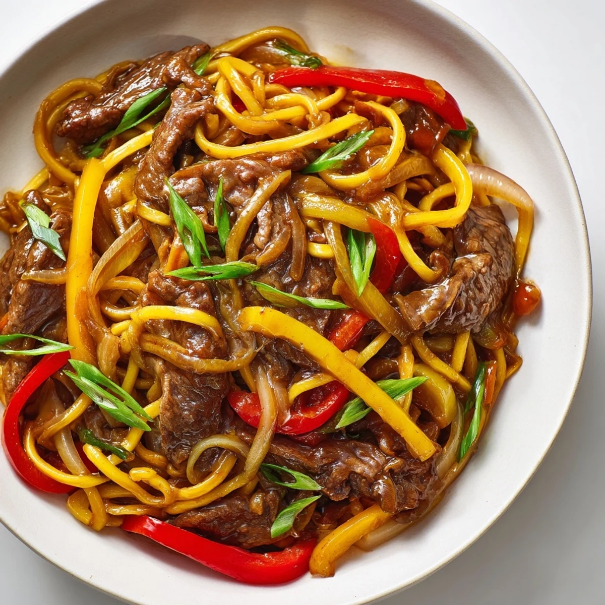 Close-up of beef chow mein stir-fry showcasing red bell peppers, onions, and coated noodles