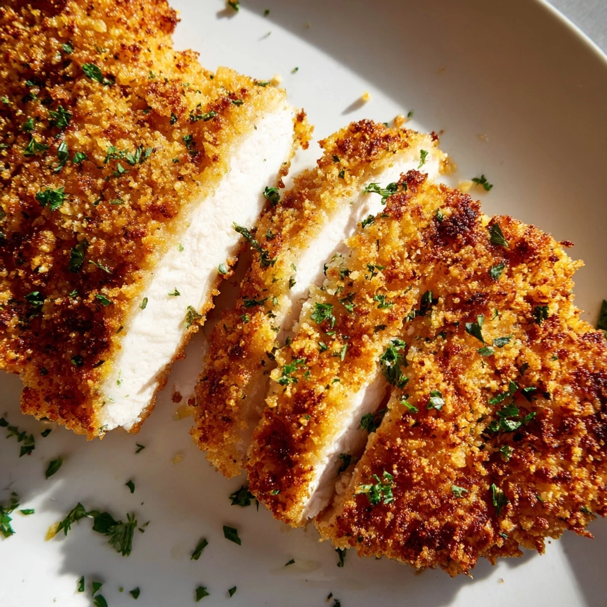 Pan-fried lemon chicken with golden brown crust garnished with parsley and lemon