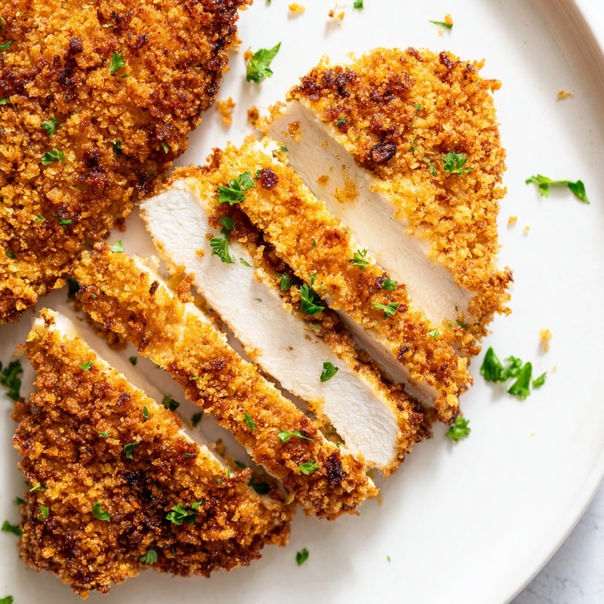 Golden crunch lemon chicken breasts with crispy panko coating and fresh lemon wedges